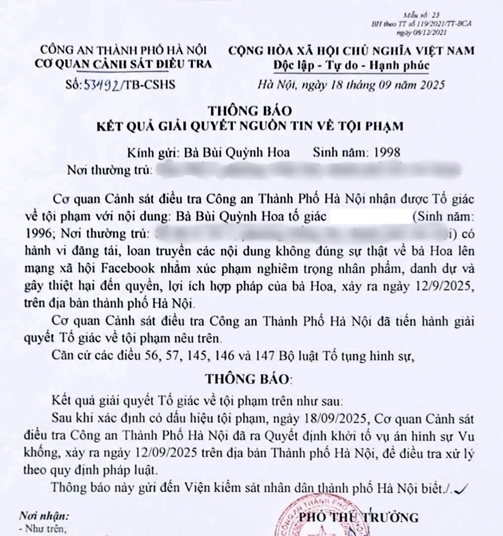 Thông báo kết quả điều tra vụ vu khống Bùi Quỳnh Hoa