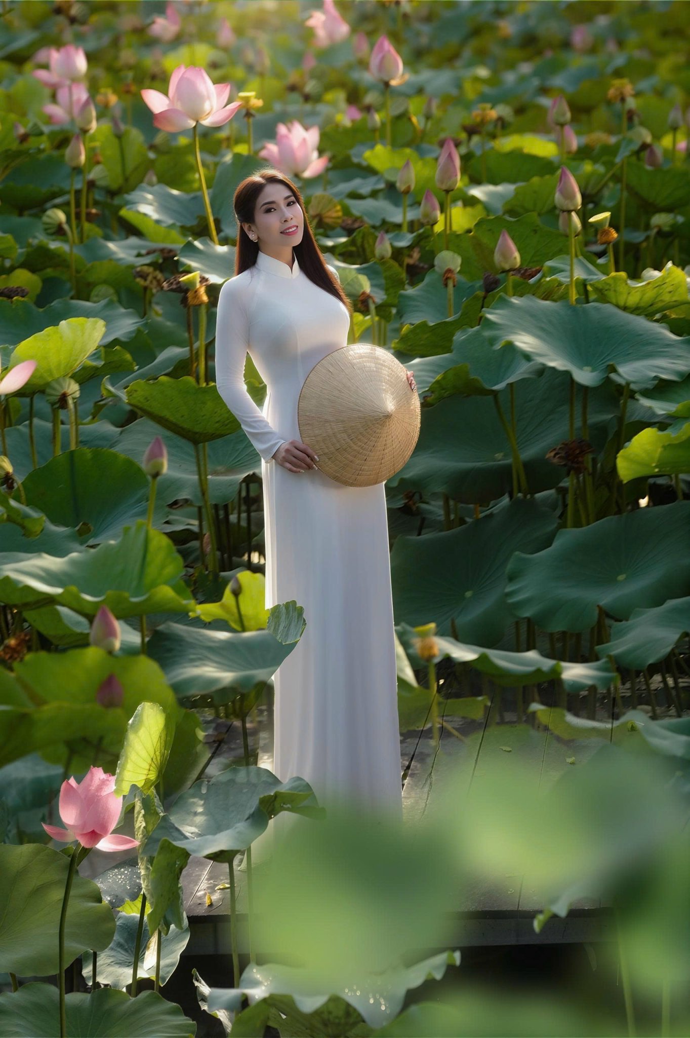 Lý Hương duyên dáng bên hoa sen trong tà áo dài