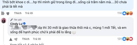 Cindy Lư đáp lại bình luận. Cindy Lư trả lời bình luận trên Facebook