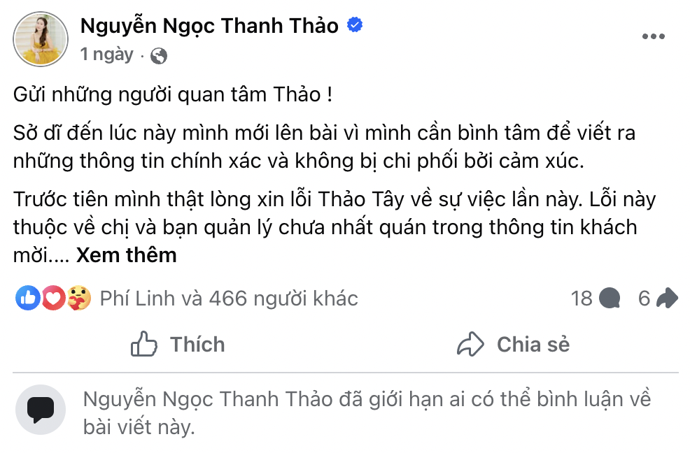 Bài đăng trên tài khoản có tick xanh của Thanh Thảo Hugo
